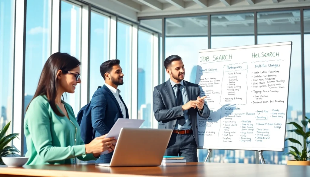 Job search collaboration in a bright office with diverse professionals reviewing resumes.