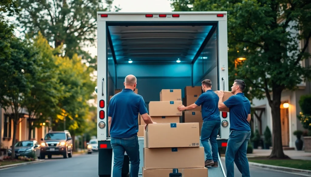 A Vancouver moving company team efficiently loading boxes into a modern truck, showcasing professionalism and care.