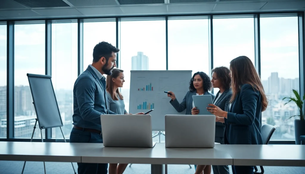 Analyzing competitive intelligence strategies with diverse business professionals in an office setting.