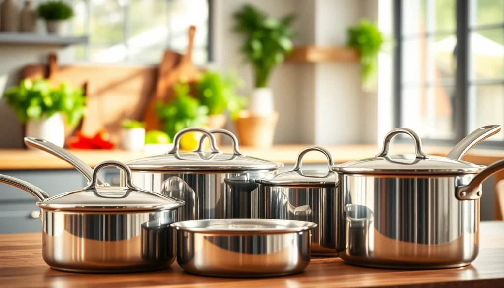 Showcase of cookware highlighting a modern stainless steel set in an inviting kitchen.