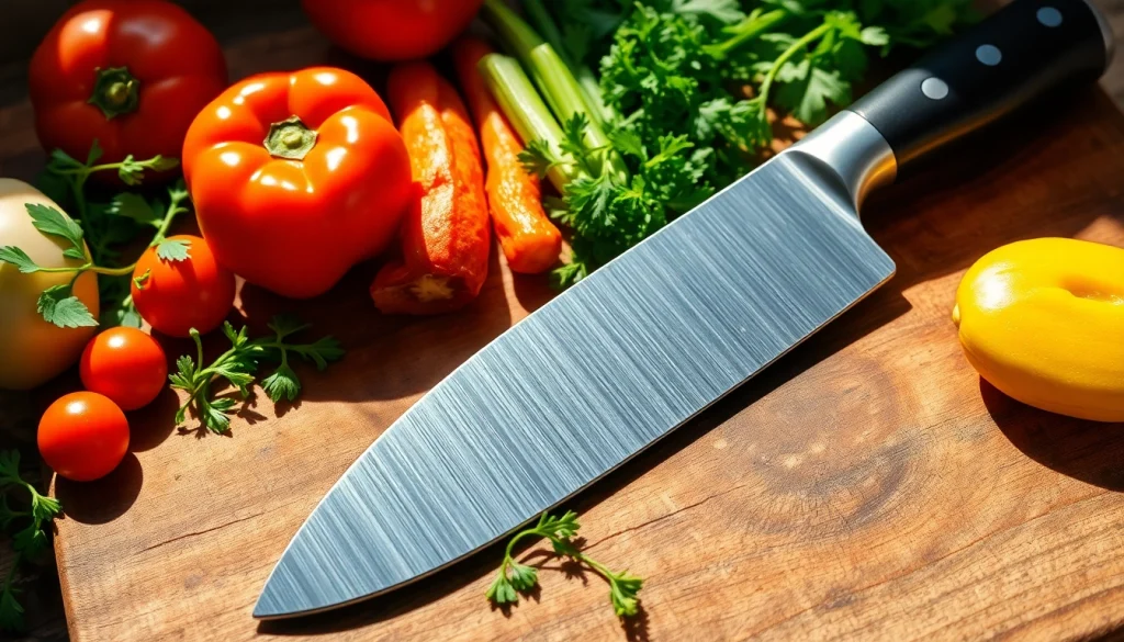 Showcase of chef’s knife NZ on a cutting board with vibrant fresh vegetables.