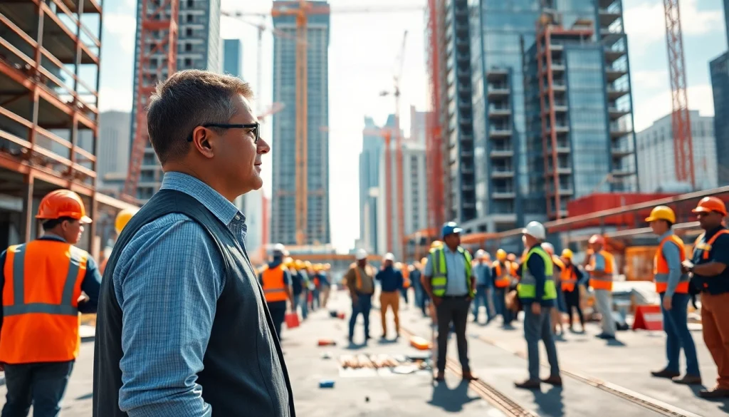 Manhattan Construction Manager supervising a busy construction site with a skyscraper backdrop.
