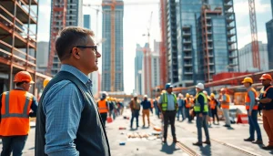 Manhattan Construction Manager supervising a busy construction site with a skyscraper backdrop.
