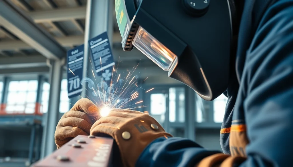 Welder performing structural steel welding on construction beams with protective gear.