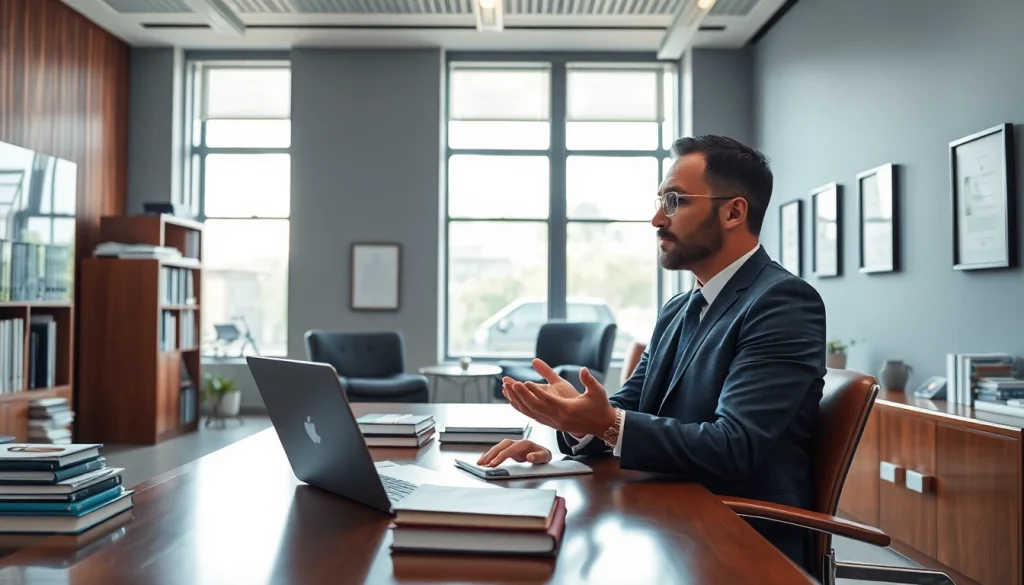 Engaging intellectual property lawyer discussing legal matters in a modern office setting.