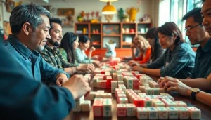 Menggambarkan permainan demo mahjong yang dinamis dan penuh warna di ruang permainan