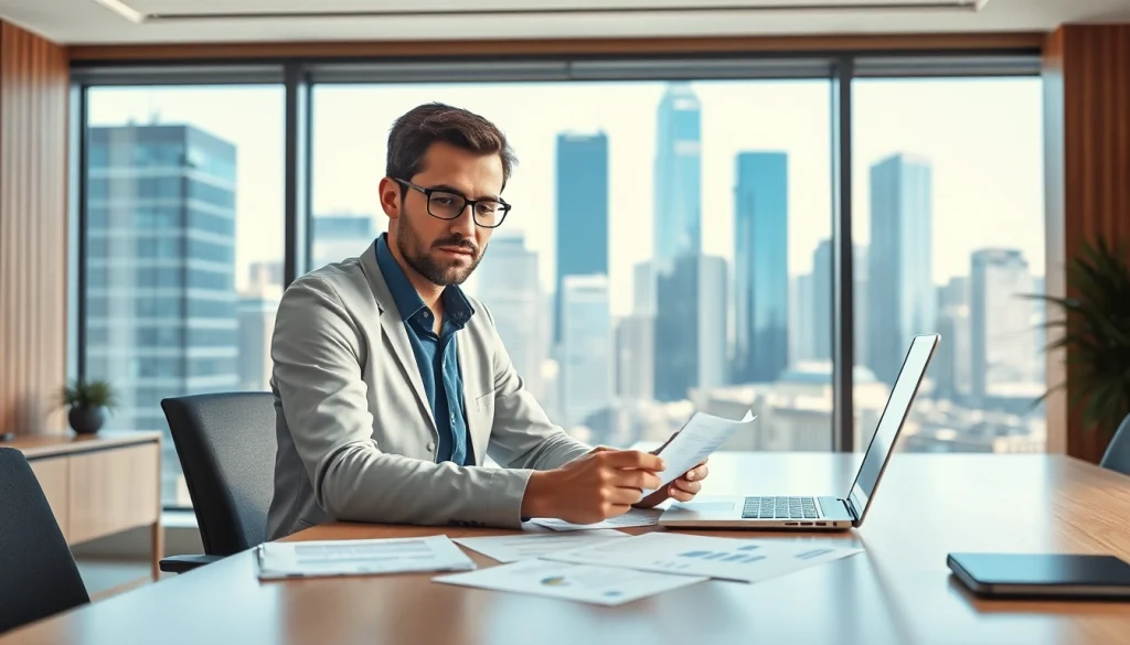 Crisis management consultant reviewing data in a professional office space.