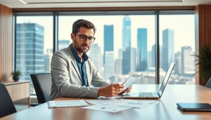 Crisis management consultant reviewing data in a professional office space.