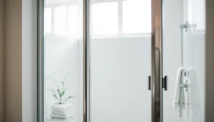 Showcase of a stylish shower screen door in a contemporary bathroom with natural light.