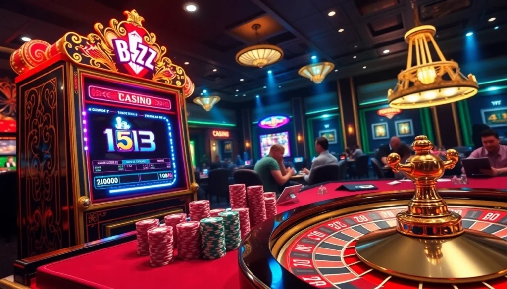 Players engaging at a B52-themed slot machine in a luxurious casino setting.