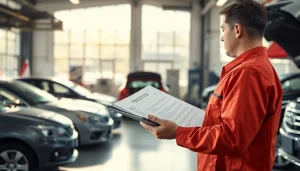 Understand extended auto warranty plans through a professional reviewing documents in a garage.