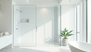 Paroi de douche italienne moderne, exposant une structure esthétique en verre dans une salle de bains spacieuse.