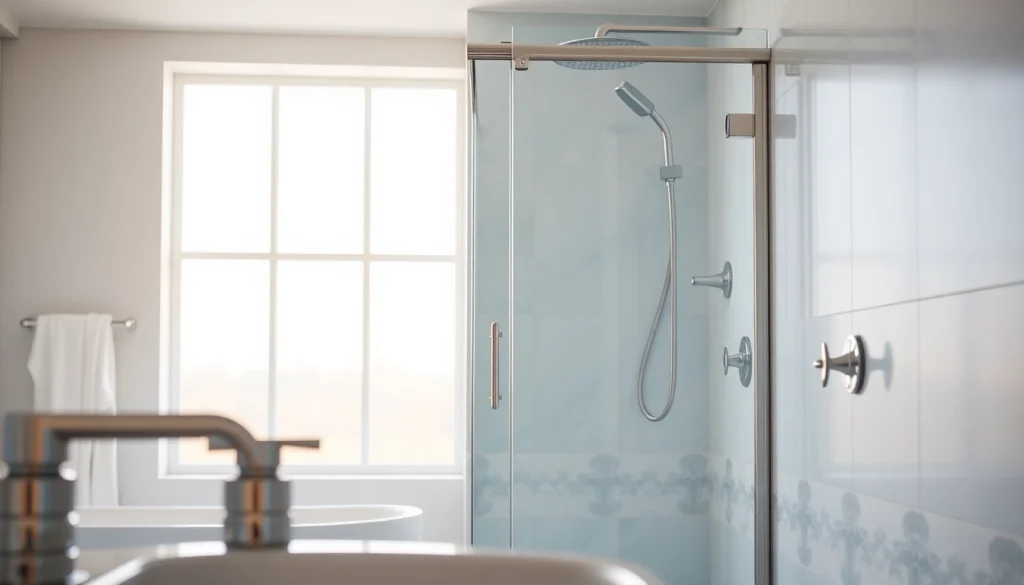 Show shower screen door showcasing elegance in a modern bathroom setting with natural light.