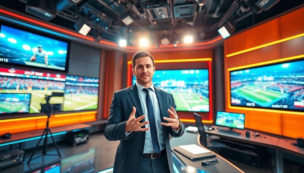 Engaging sports broadcasting anchor in a high-tech studio covering live events.