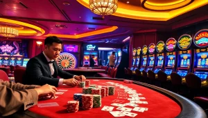 Xôi Xoài TV showcases an exhilarating casino scene with players enjoying poker and slot machines.