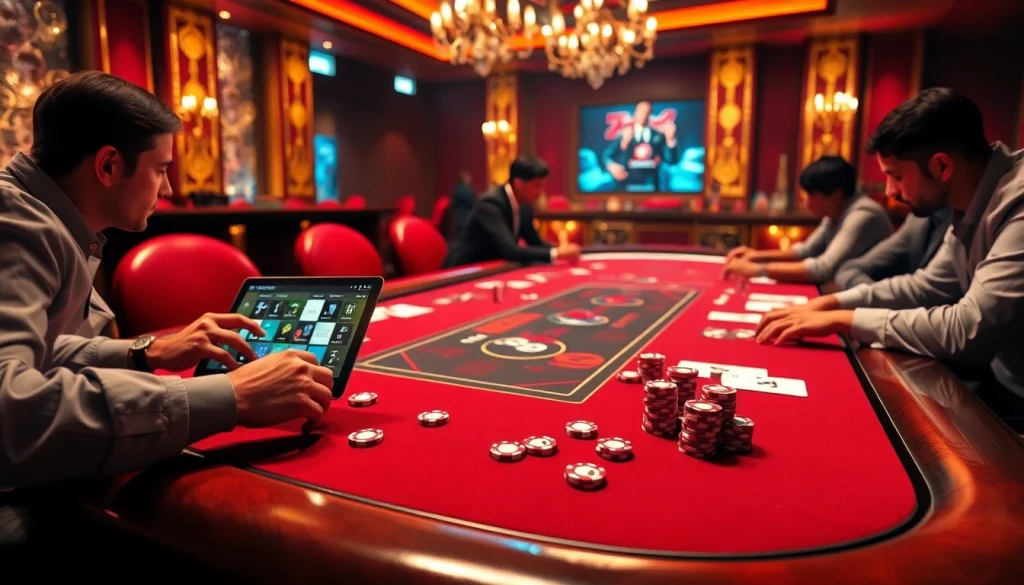 Players enjoying a high-stakes poker game at XX88's luxurious casino table setting.