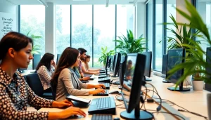 Typing center showcasing diverse individuals in a modern workspace, capturing a productive atmosphere.