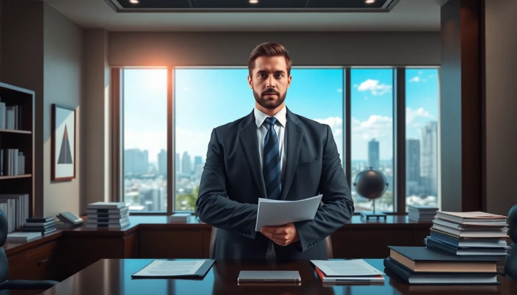 Miami-Dade County litigation Lawyer confidently consulting in a sophisticated office setting.