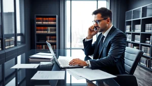 Intellectual property lawyer working diligently in a modern office environment.