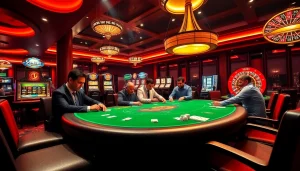 Players strategizing at the BJ388 poker table in a luxurious casino atmosphere.