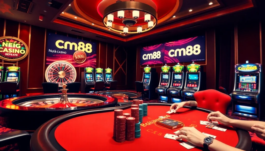 Players enjoying a thrilling game at nhà cái cm88 casino with vibrant poker tables and slot machines.