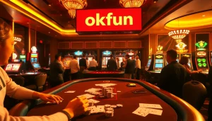 Engage in thrilling games at okfun, featuring vibrant poker tables and exciting casino elements.