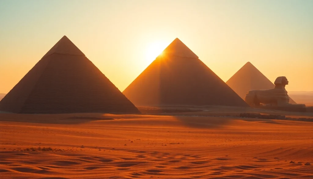 View of the ancient piraminds at Giza illuminated by sunrise, showcasing their majestic structure.