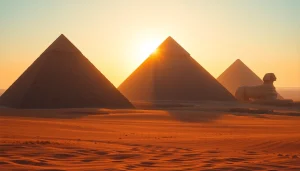 View of the ancient piraminds at Giza illuminated by sunrise, showcasing their majestic structure.