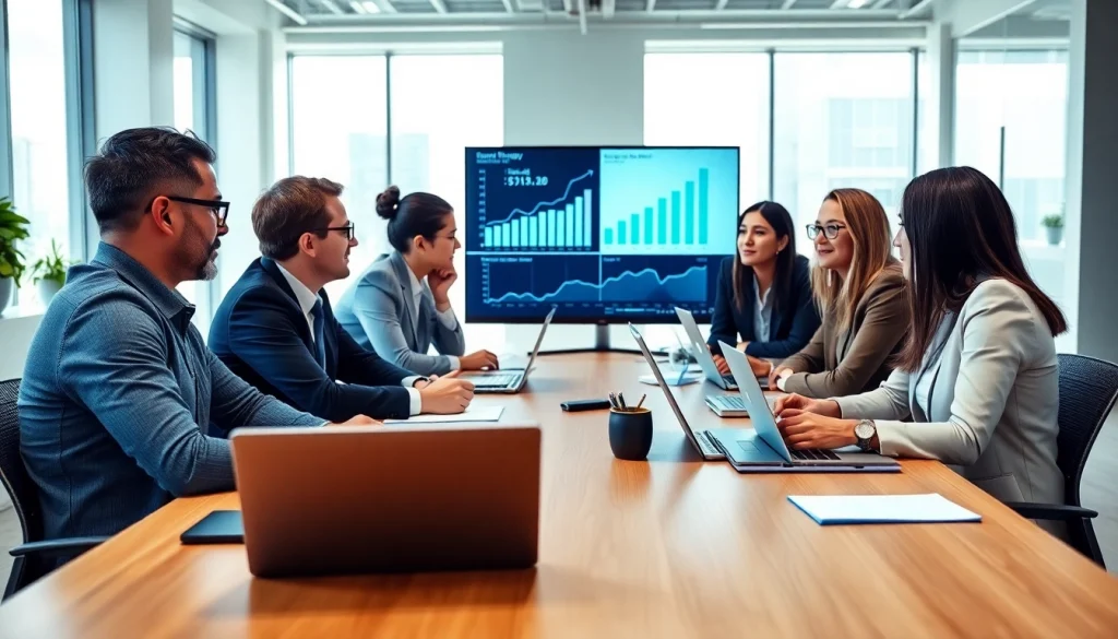 Engaging professionals analyze growth strategy trends during a strategic meeting in a modern office.