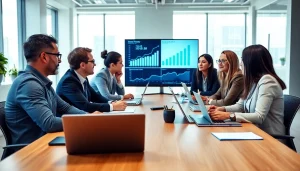 Engaging professionals analyze growth strategy trends during a strategic meeting in a modern office.