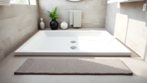 A modern shower base with stylish design and sleek fixtures in a bright bathroom.