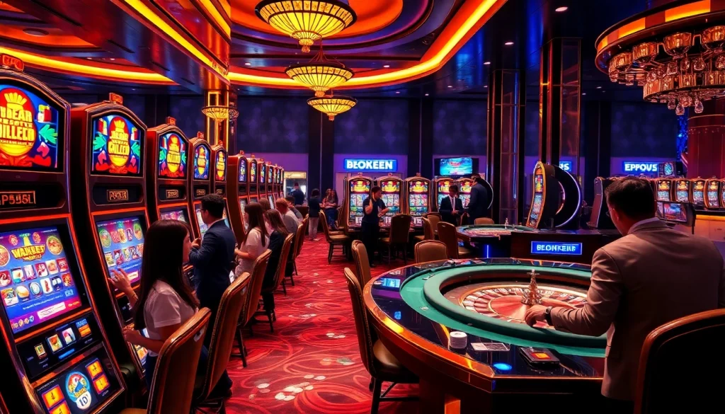 Players enjoying slot machines in a vibrant casino highlighting situs deposit 5k excitement.