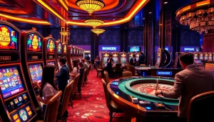 Players enjoying slot machines in a vibrant casino highlighting situs deposit 5k excitement.