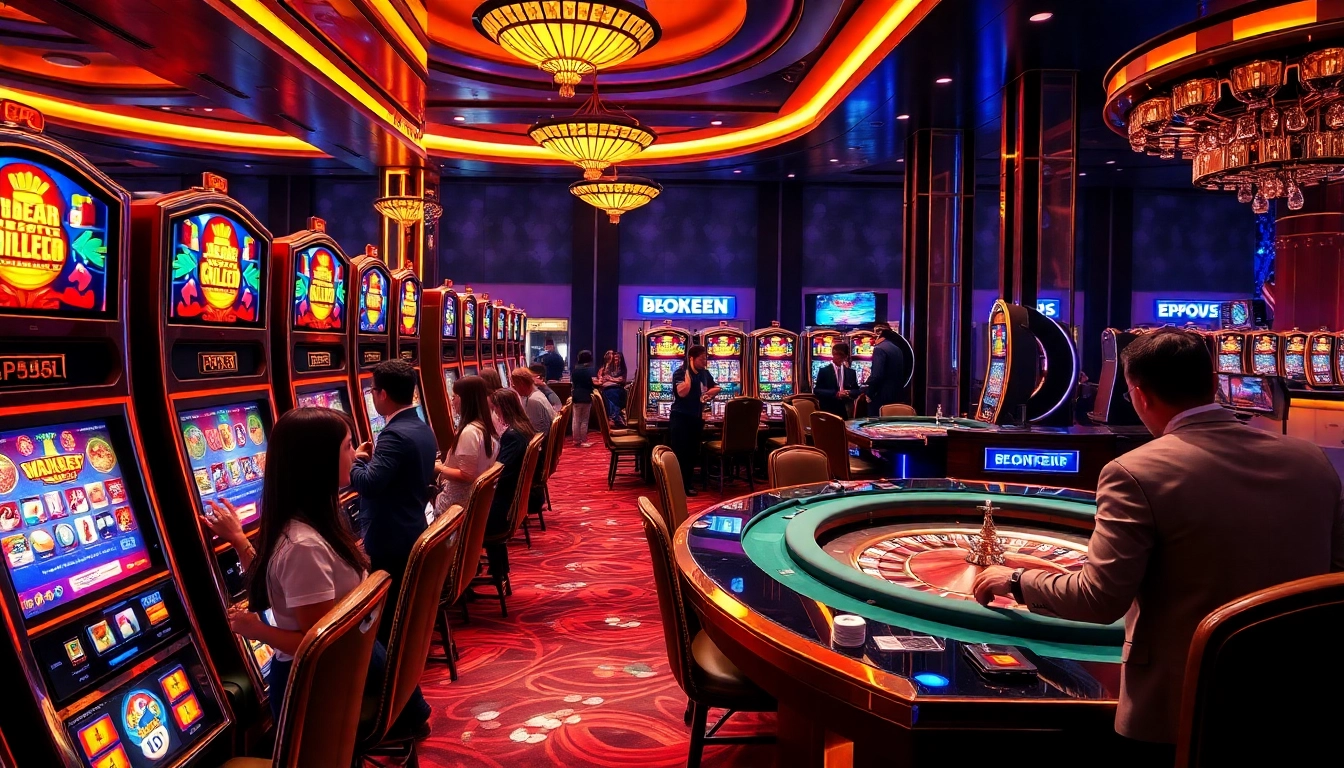 Players enjoying slot machines in a vibrant casino highlighting situs deposit 5k excitement.