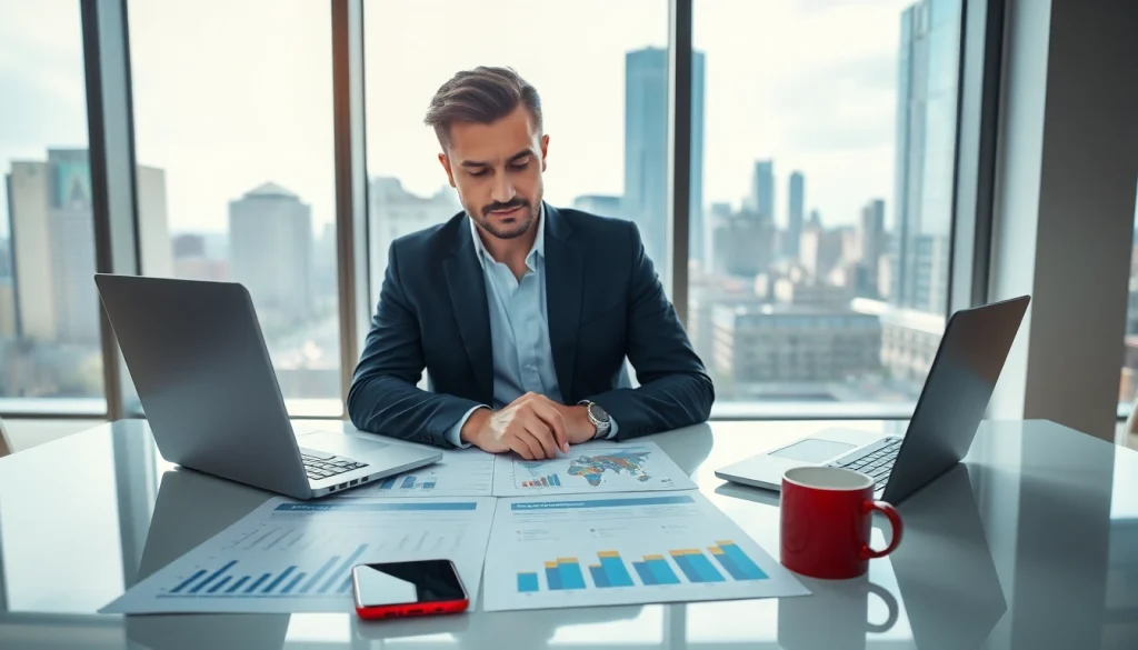 Crisis management consultant analyzing strategies in a modern workspace.