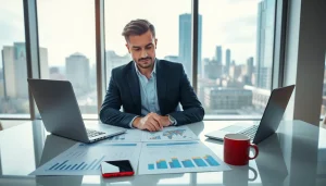 Crisis management consultant analyzing strategies in a modern workspace.