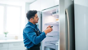 Expert technician performing refrigerator repair ottawa in a bright kitchen setting.