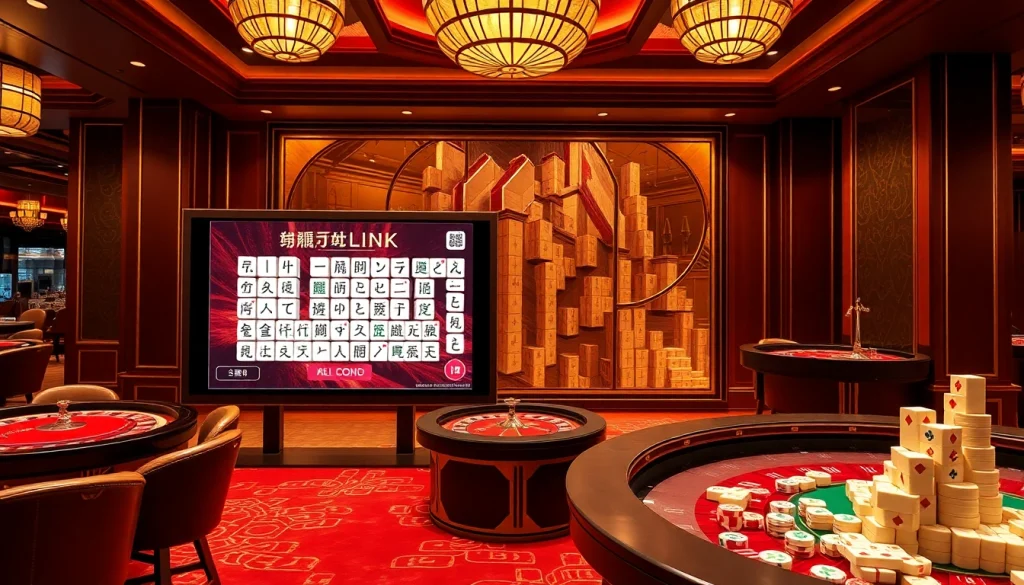 mengajak pemain bermain Link Mahjong di tengah suasana kasino mewah dengan dekorasi yang hidup dan elemen permainan.