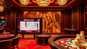 mengajak pemain bermain Link Mahjong di tengah suasana kasino mewah dengan dekorasi yang hidup dan elemen permainan.