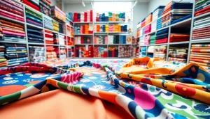 Bekijk het uitgebreid assortiment bedrukte tricot met levendige prints in een stijlvolle showroom.