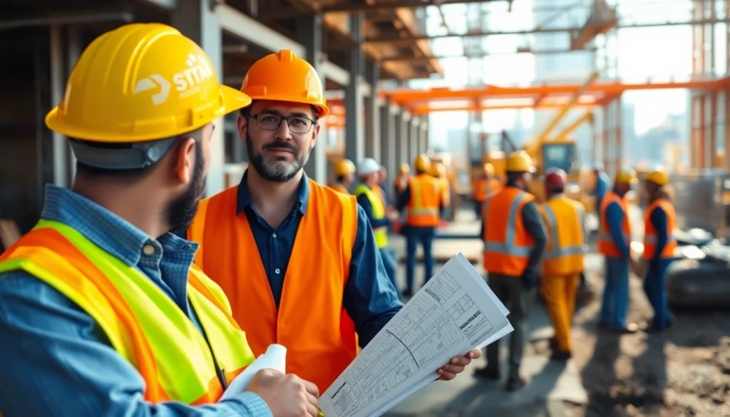 New York City General Contractor supervising construction with blueprints on-site.