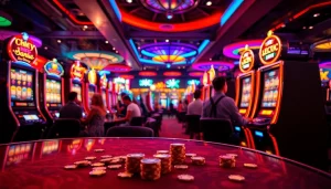 Mencoba permainan slot depo 1k dengan mesin berwarna-warni di lingkungan kasino yang meriah.