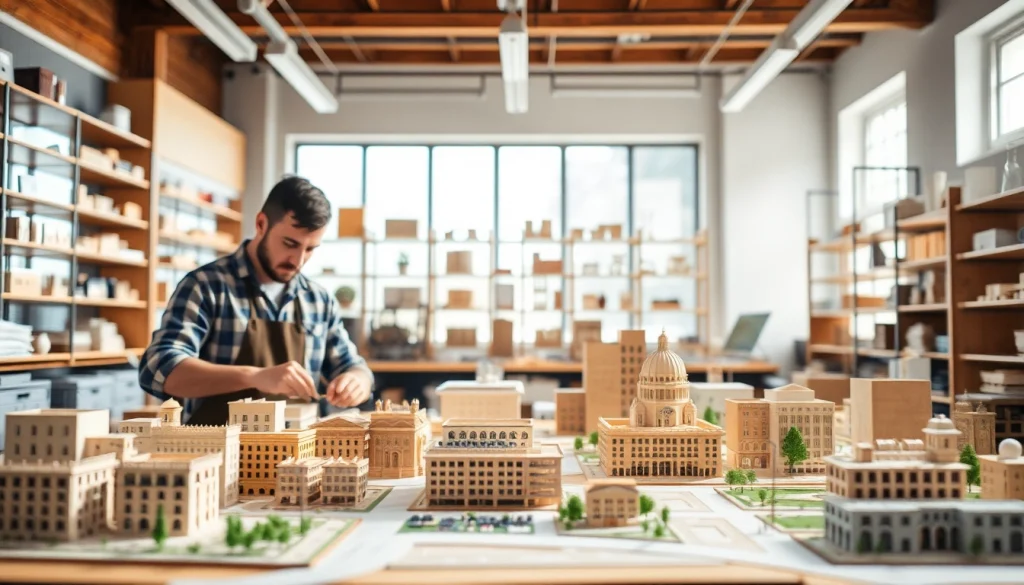 Architekturmodellbau Münster: Detaillierte Werkstatt mit handgefertigten Architekturmodellen.