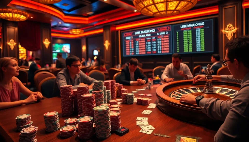 Experience the thrill of gambling with Link Mahjong at a luxury casino filled with vibrant poker gameplay scenes.