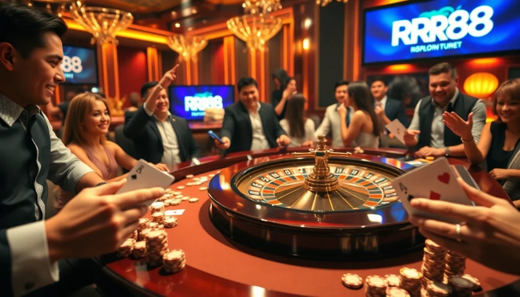 Exciting roulette table with players celebrating wins at RR88 casino.