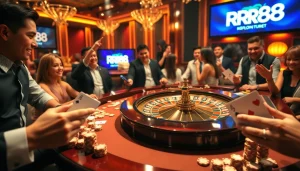 Exciting roulette table with players celebrating wins at RR88 casino.