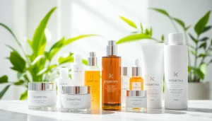 Kosmetika produktai, rodomi elegantiškai ant marmurinio stalo su natūraliu apšvietimu.