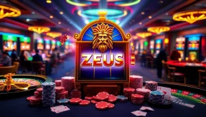 Experience thrilling wins at the Zeus slot machine amidst a luxurious casino atmosphere.
