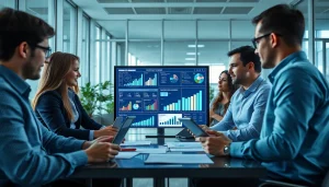 Analyze competitive intelligence metrics in a modern office setup with a focused team.