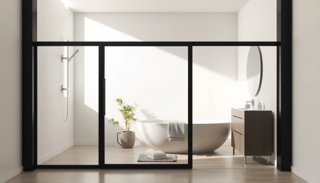 Elegant black frame shower door enhances modern bathroom aesthetics.